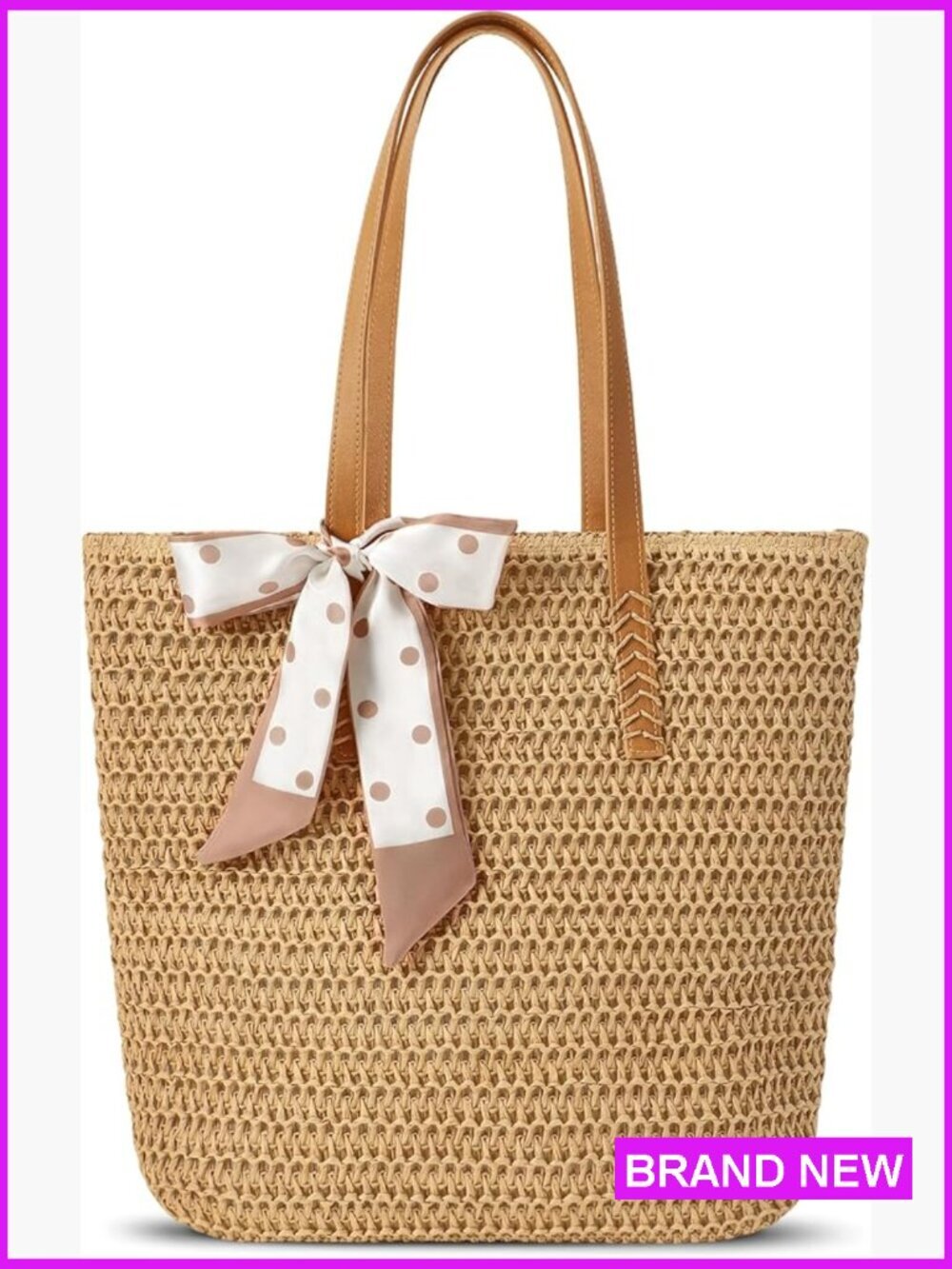 Large Woven Straw Tote Bag Foldable Packable Beach Vacation Handbag